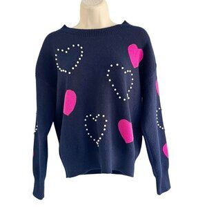 Nanette Lepore Women's Sz M Navy Blue Pink Heart Pearl Beaded Sweater